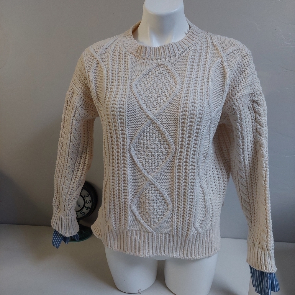 Goodnight Macaroon Cream Sweater Cable Knit Ribbed Collar Thick Chunky Pullover